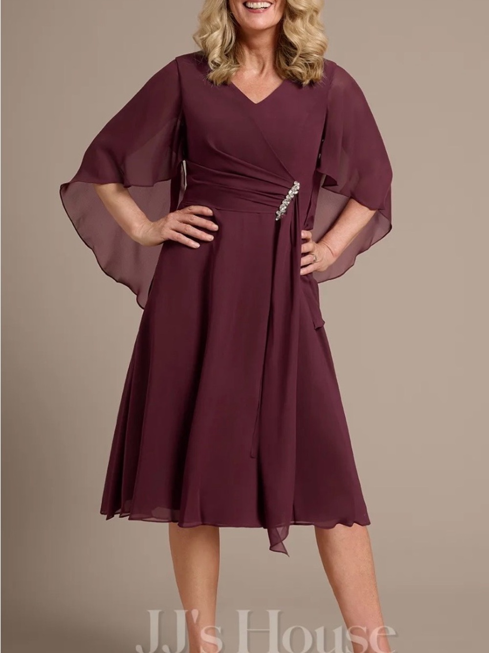 JJs House V-Neck Chiffon Dress with Cape Sleeves